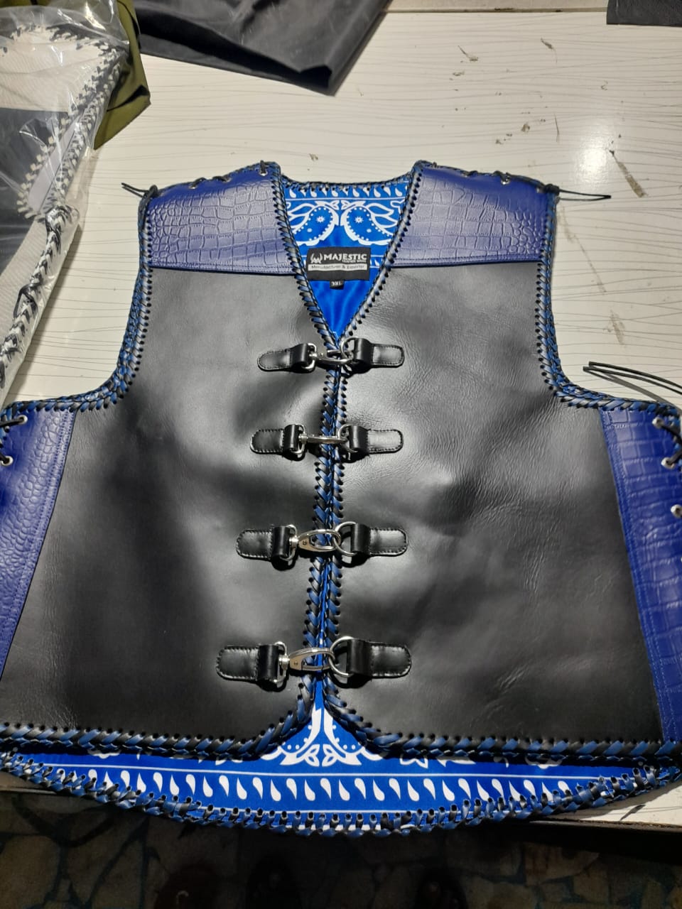 blue and Black Crocodile Pattern Leather Vest