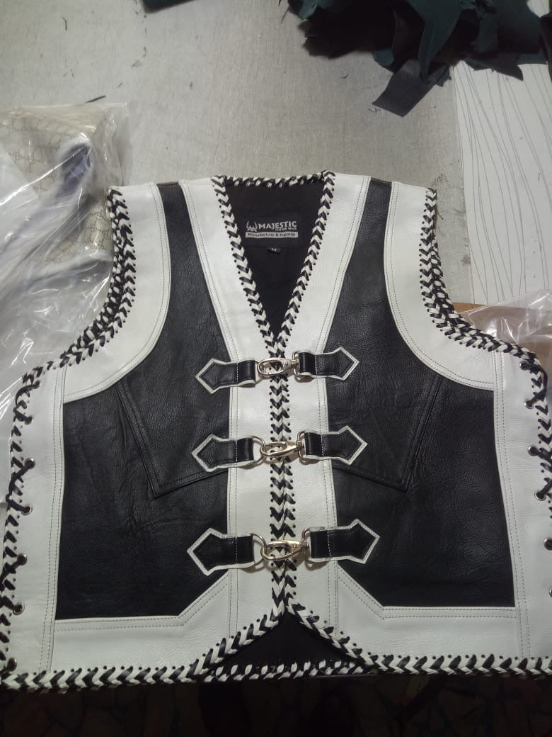 Black and White Sheep leather Motorcycle Vest