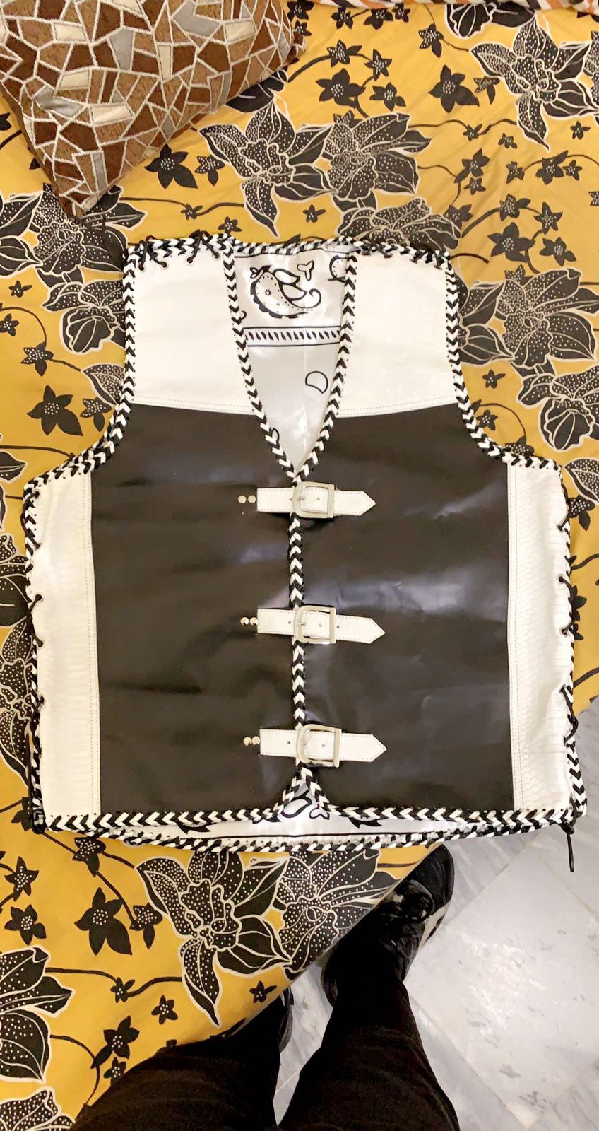 White and Black Patterned motorcycle cowhide Leather vests