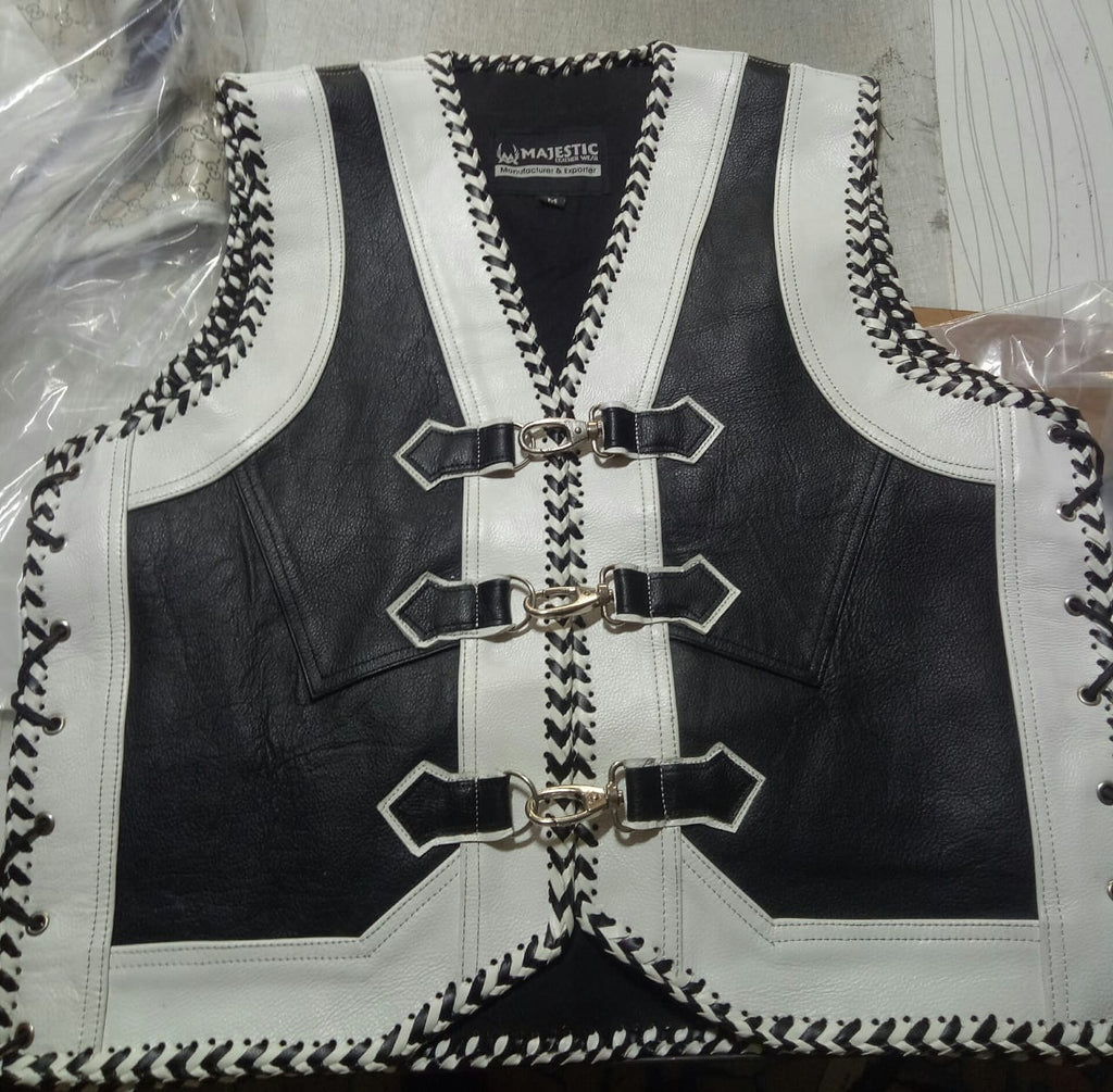 Black and White Sheep leather Motorcycle Vest