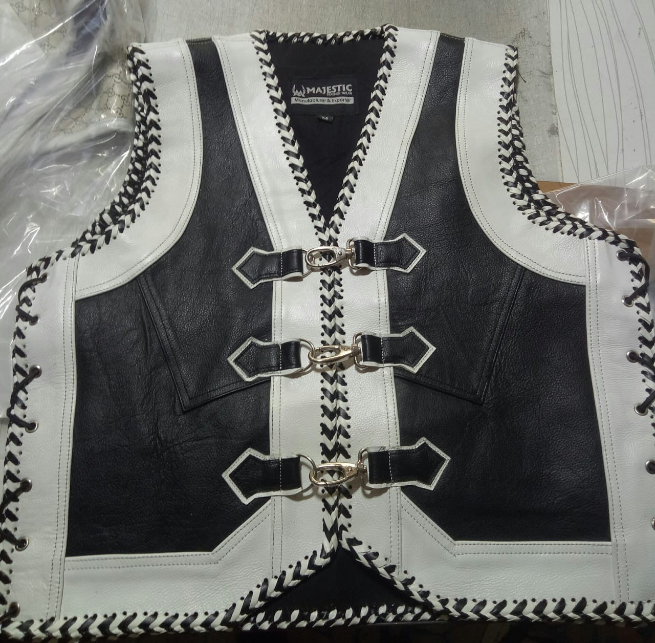 Black and White Sheep leather Motorcycle Vest