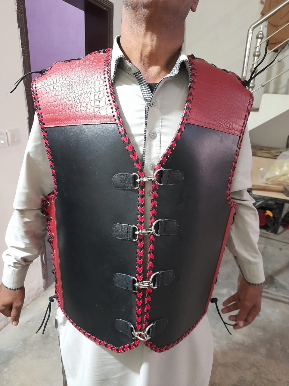 Red and Black Crocodile patterned motorcycle Leather vest