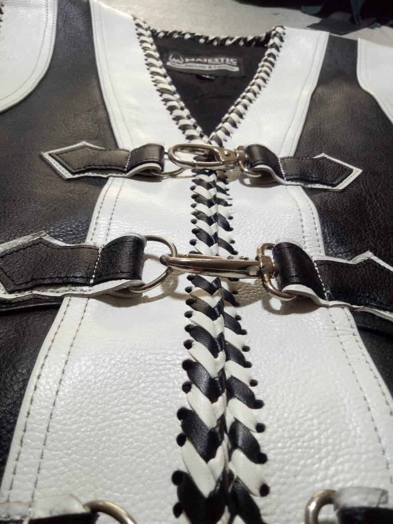 Black and White Sheep leather Motorcycle Vest
