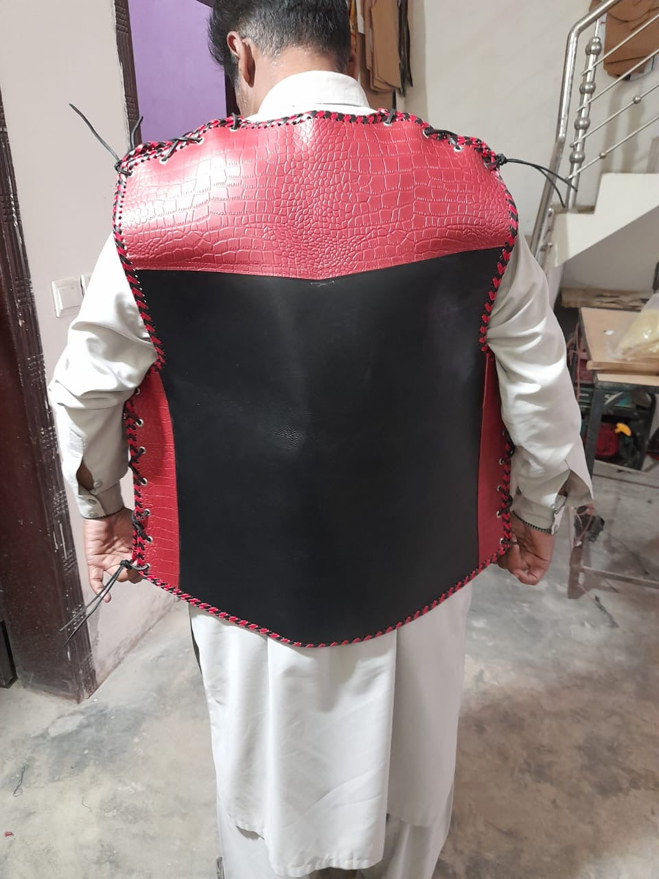 Red and Black Crocodile patterned motorcycle Leather vest